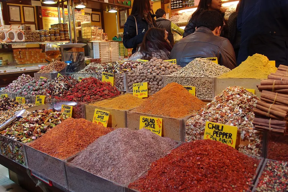 Piles of colorful spices for sale at a stall in Istanbul