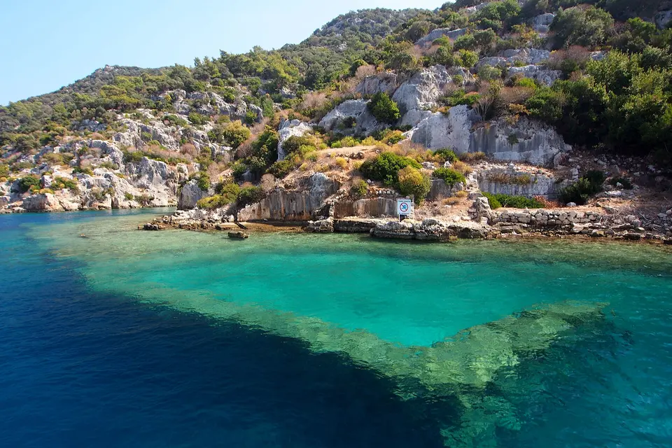 Clear turquoise water over ancient ruins at Kekova