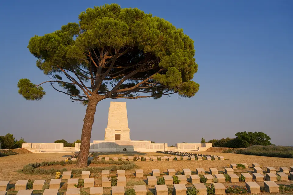 The Lone Pine memorial and cemetery at Gallipoli with a single pine tree