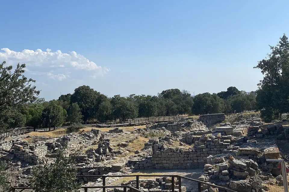 Excavated ancient walls at the archaeological site of Troy
